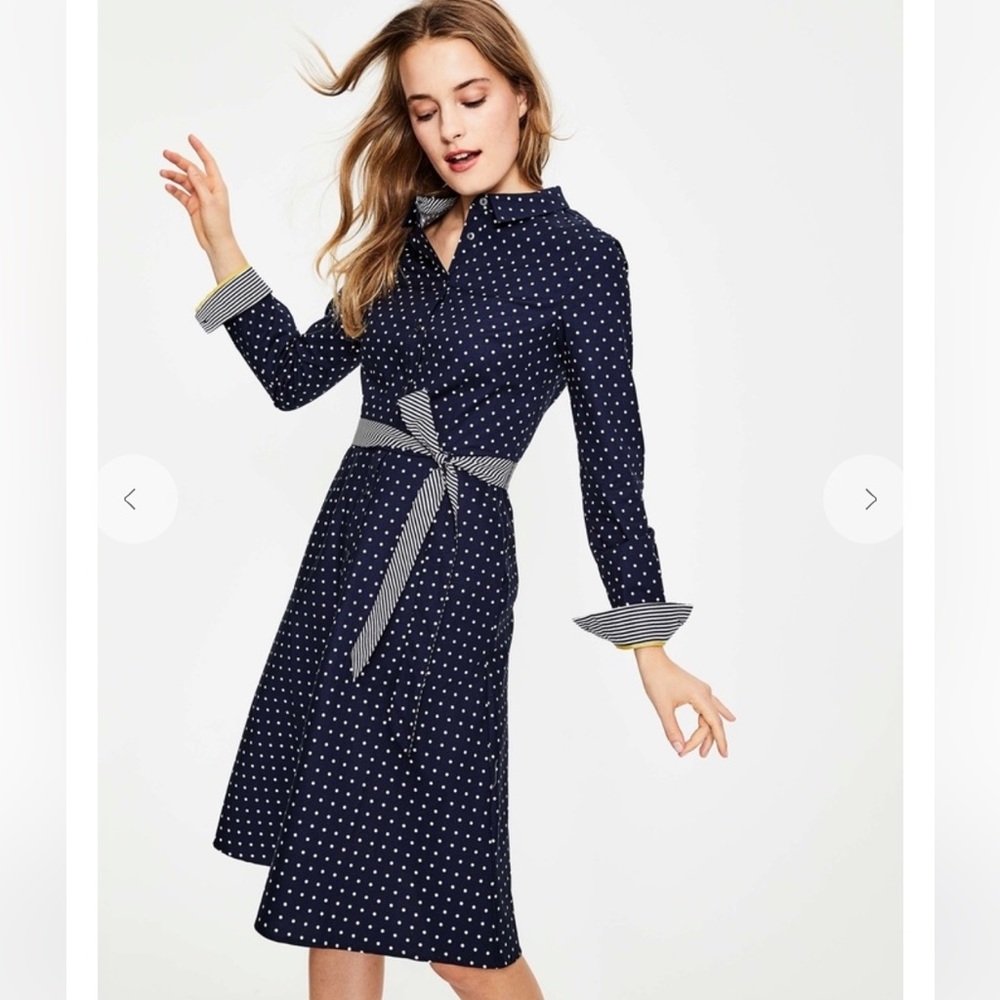 Boden Posy Navy Blue Polka Dot Belted Shirt Dress Women's Size 6R